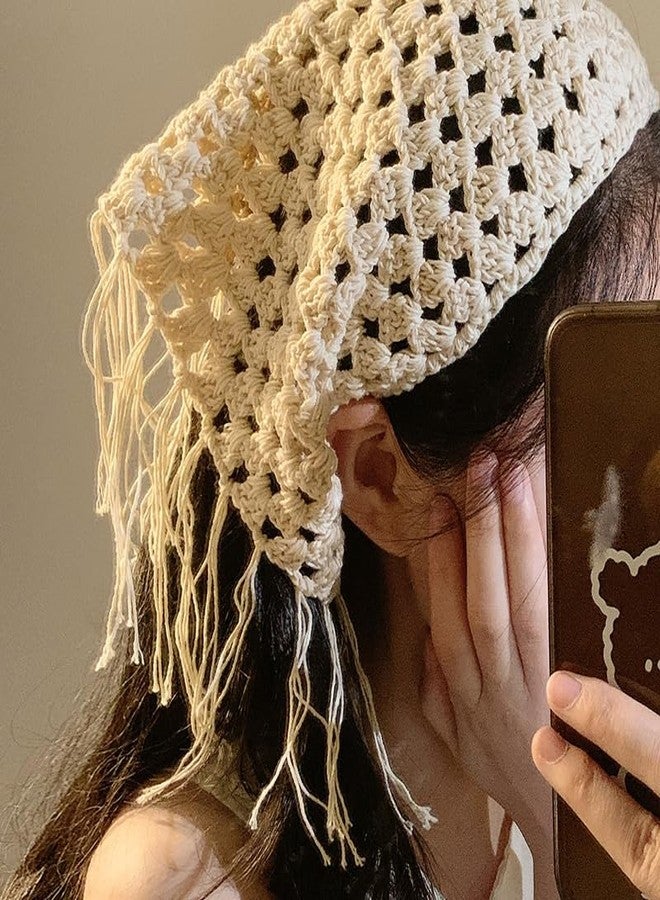 TUCEWP Crochet Bandanas Headbands Beige Vintage Boho Hair Scarf with Tassel Hippie Head Kerchief Knitted Triangle Tie Back Headscarf Hair Accessories for Women Girls Daily Outfit Festival Gift - Image 1